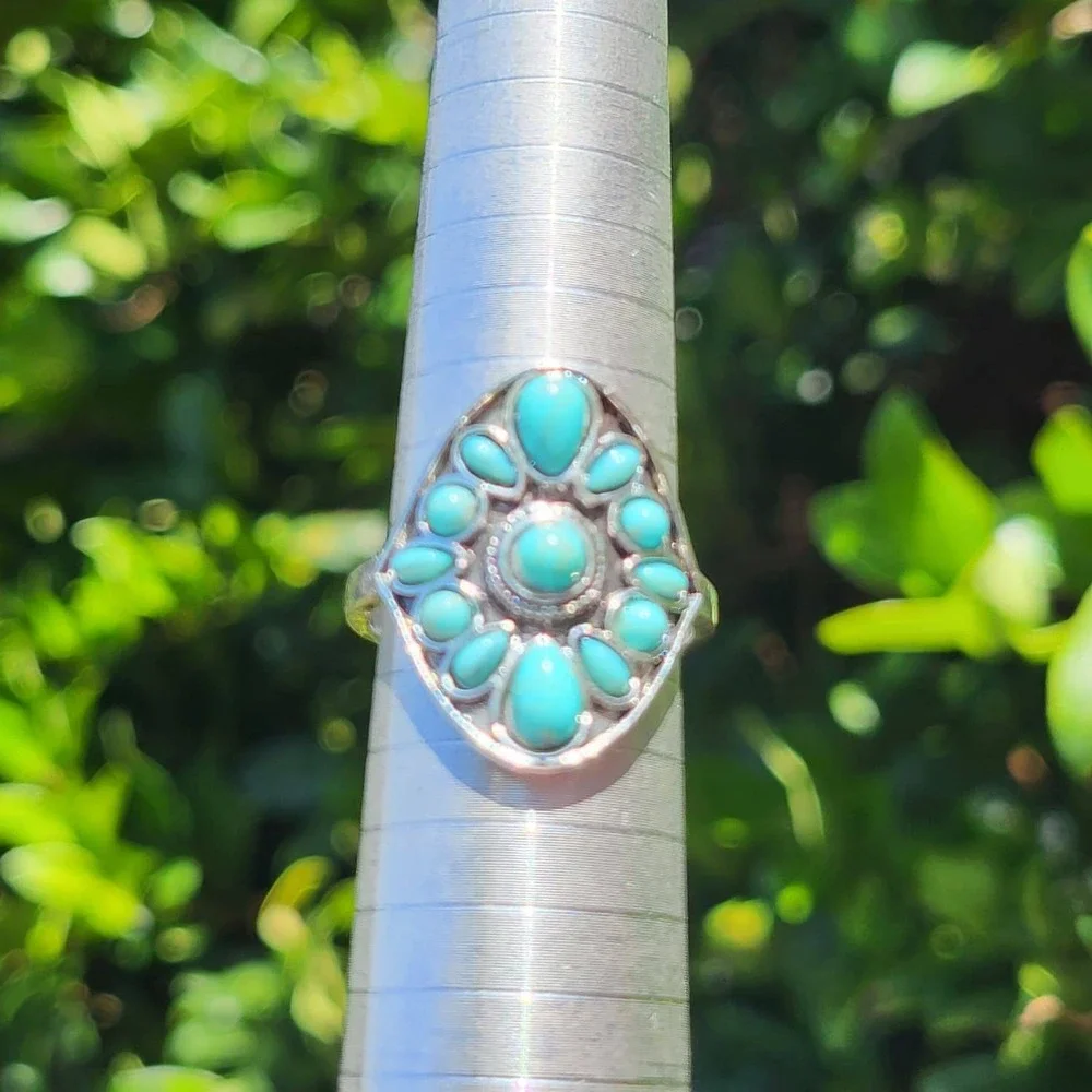 Vintage Silver Tone Faux Turquoise Cluster Ring Size 9.75 Blue Southwestern Boho